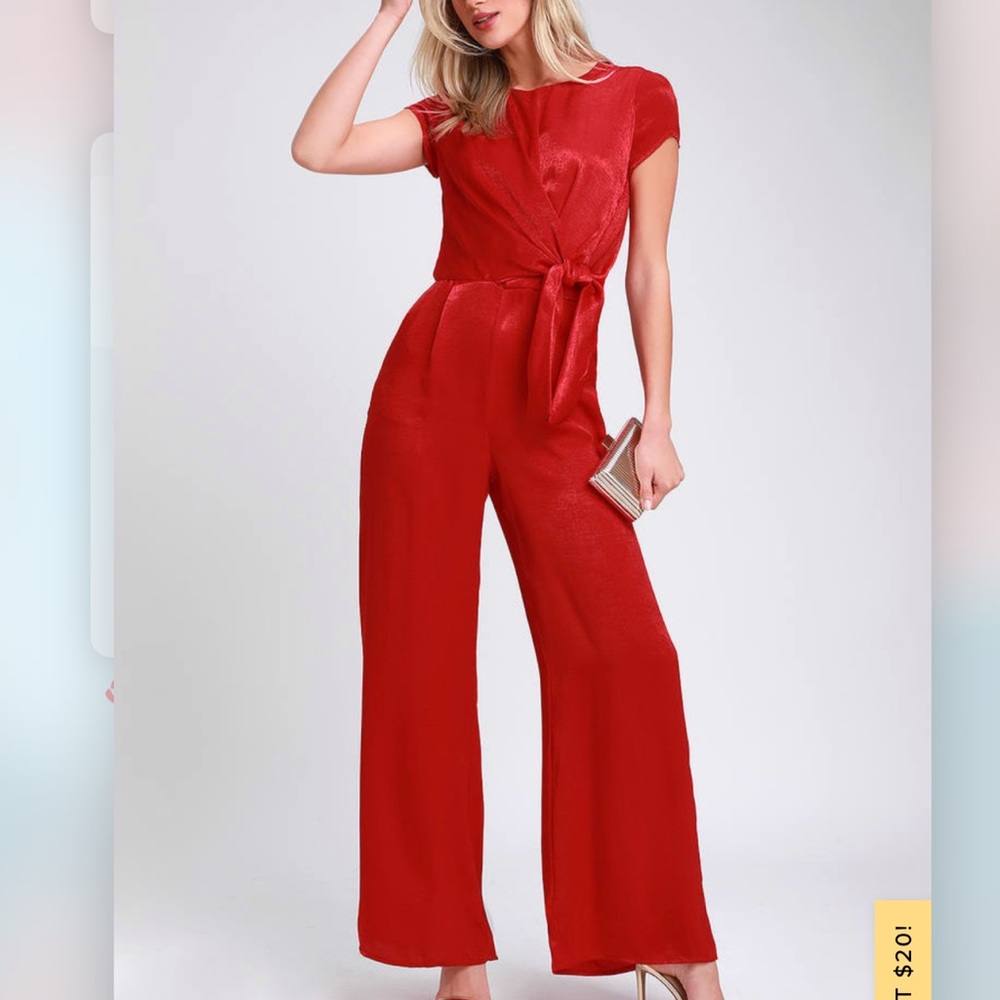 Lulus let me entertain you red satin jumpsuit size small